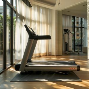 a sleek, modern treadmill is prominently displayed in a bright, inviting home gym, showcasing professional assembly with intricate details of the machinery and vibrant natural light streaming through large windows.