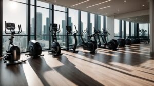 a sleek, modern gym filled with high-end fitness equipment, illuminated by natural light streaming through large windows, showcasing a professional assembly service in action against a vibrant miami backdrop.