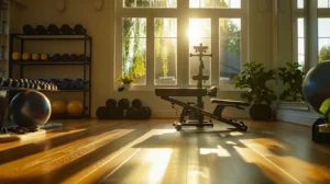 a gleaming set of well-maintained exercise equipment is illuminated by soft, natural light in a spotless home gym, showcasing the importance of fitness care.